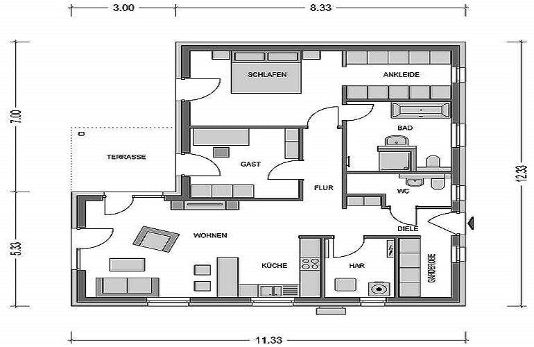 Massivhaus Cumulus 541 von Heinz von Heiden Schlüsselfertig ab 195975€, Bungalow Grundriss 1