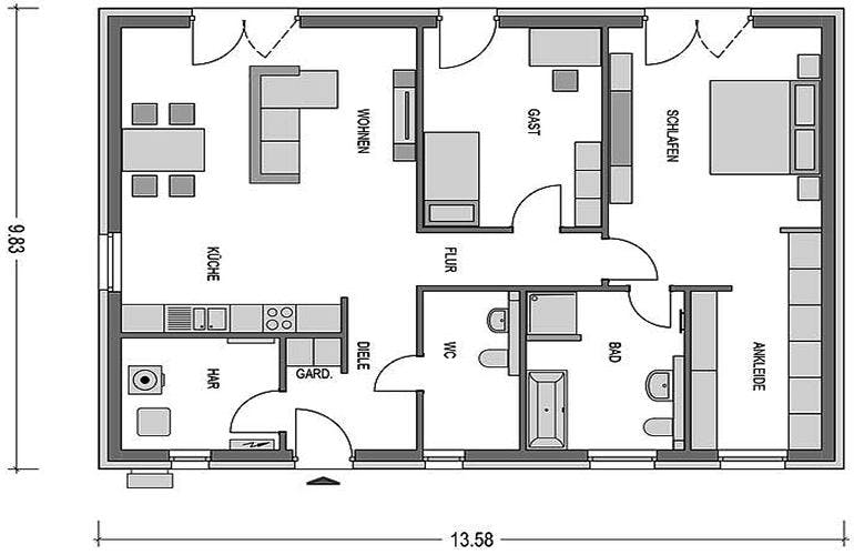 Massivhaus Cumulus 761 von Heinz von Heiden Schlüsselfertig ab 189786€, Bungalow Grundriss 1