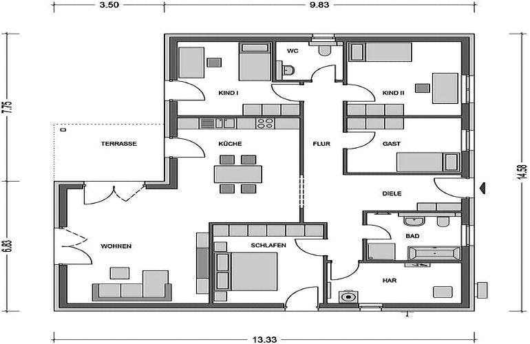Massivhaus Cumulus 774 von Heinz von Heiden Schlüsselfertig ab 224320€, Bungalow Grundriss 1