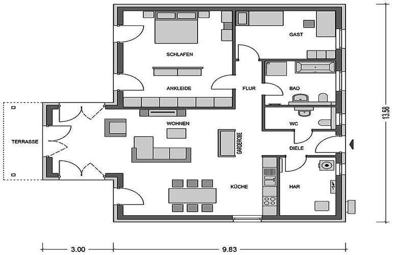 Massivhaus Cumulus 981 von Heinz von Heiden Schlüsselfertig ab 211575€, Bungalow Grundriss 1