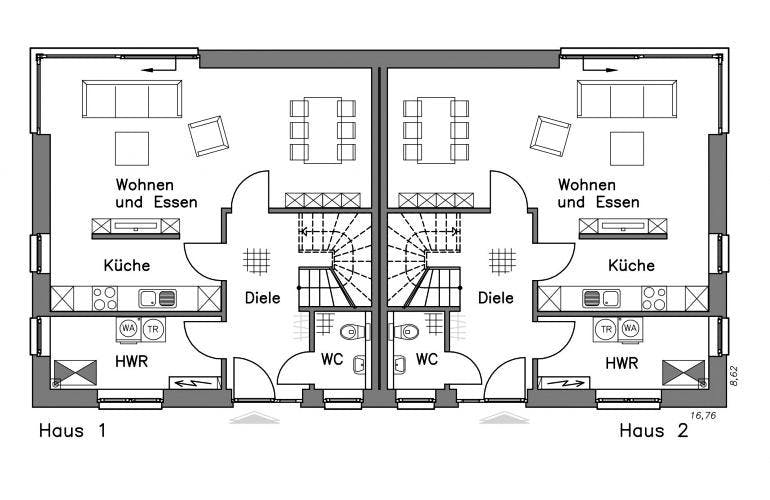Massivhaus Doppelhaus DH 110 Variante T von Baudirekt, Cubushaus Grundriss 1