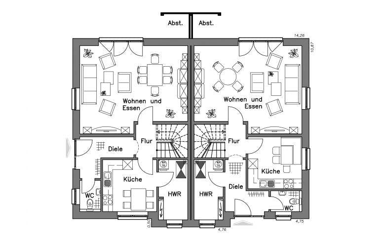 Massivhaus Doppelhaus DH 120 Basis von Baudirekt, Grundriss 1