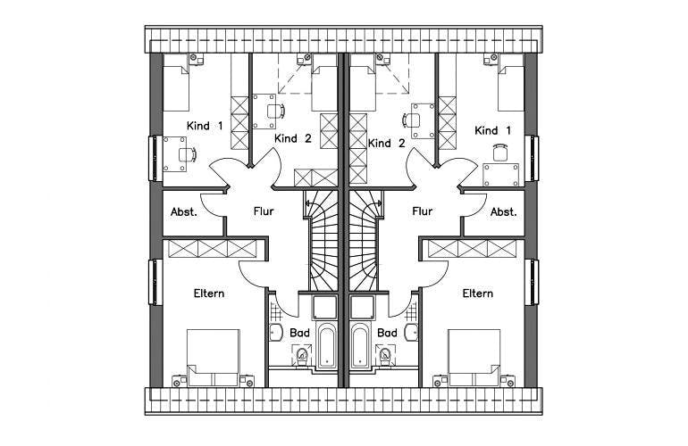 Massivhaus Doppelhaus DH 130 Basis von Baudirekt, Grundriss 2