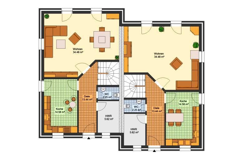 Massivhaus Doppelhaus HARMONIE von Aktuell Bau, Grundriss 1