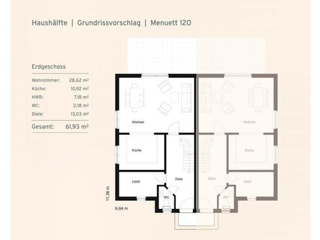 Massivhaus Doppelhaushälfte Menuett 120 von Rostow Massivhaus,  Grundriss 1