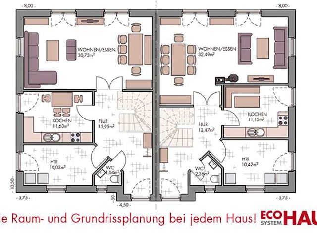 Massivhaus Duo Friesenhaus 130 von ECO System HAUS Schlüsselfertig ab 294500€, Satteldach-Klassiker Grundriss 1