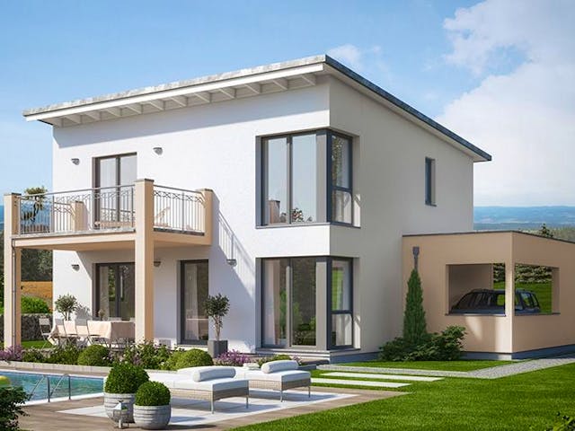 Fertighaus EVOLUTION 136 V5 von Bien-Zenker Schlüsselfertig ab 388019€, Pultdachhaus Außenansicht 1