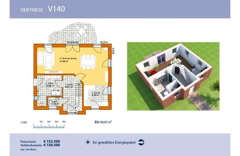 Massivhaus Friesenhaus V140 von Virtus Projektbau Schlüsselfertig ab 152500€, Grundriss 2