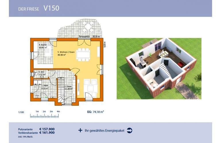 Massivhaus Friesenhaus V150 von Virtus Projektbau Schlüsselfertig ab 157900€, Grundriss 2