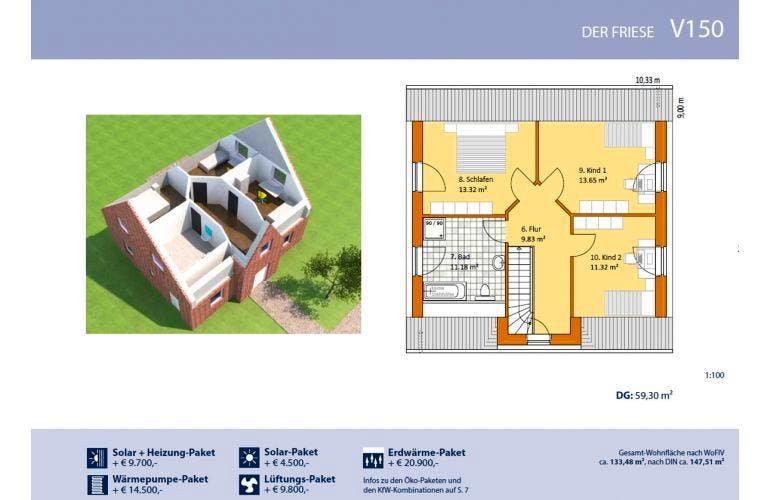 Massivhaus Friesenhaus V150 von Virtus Projektbau Schlüsselfertig ab 157900€, Grundriss 1