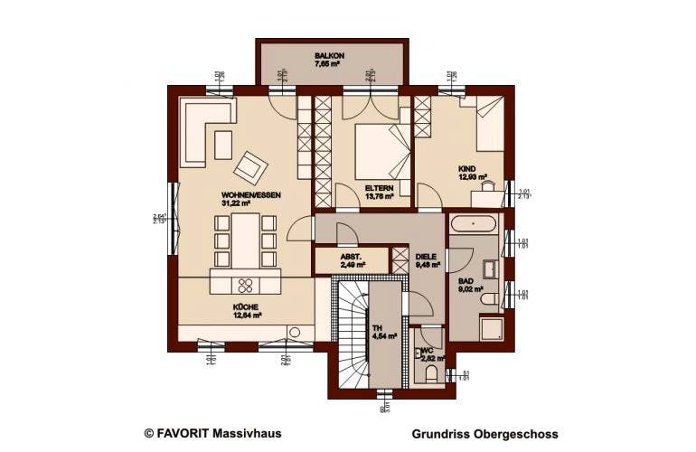 Massivhaus Premium 91-102 von FAVORIT Massivhaus Schlüsselfertig ab 452450€, Grundriss 1