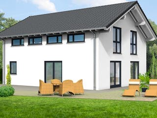 Massivhaus Satteldachhaus Version 142 von Grundsteinhaus Schlüsselfertig ab 221600€, Außenansicht 1