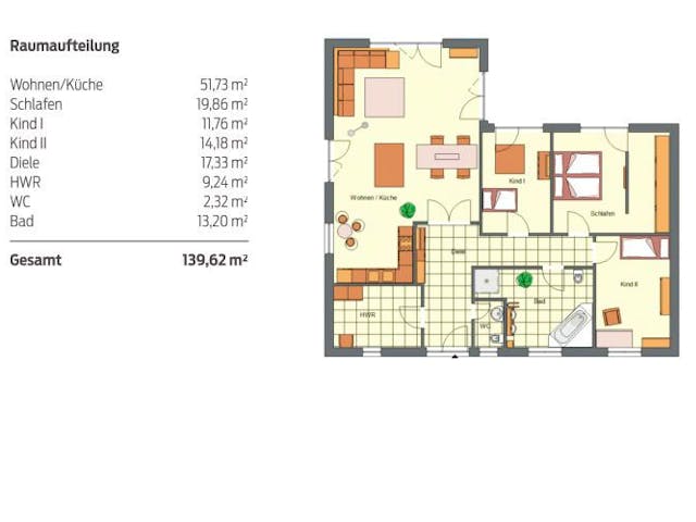Massivhaus SL Bungalow 140 von SL Bau, Bungalow Grundriss 1