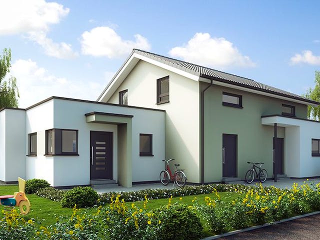 Fertighaus SOLUTION 183 V5 von Living Fertighaus Ausbauhaus ab 477930€, Satteldach-Klassiker Außenansicht 1