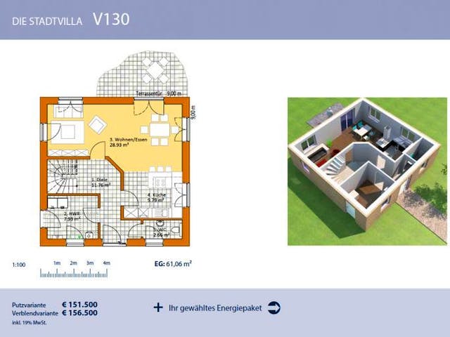 Massivhaus Stadtvilla V130 von Virtus Massivhaus Schlüsselfertig ab 151500€, Stadtvilla Grundriss 1