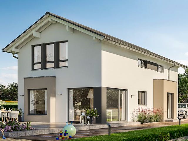 Fertighaus SUNSHINE 156 V2 von Living Fertighaus Ausbauhaus ab 356800€, Satteldach-Klassiker Außenansicht 1