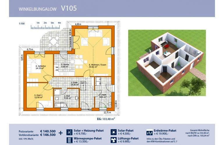 Massivhaus Winkelbungalow V105 von Virtus Projektbau Schlüsselfertig ab 140500€,  Grundriss 1