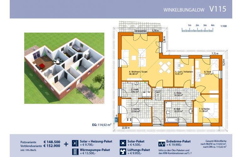 Massivhaus Winkelbungalow V115 von Virtus Projektbau, Bungalow Grundriss 1