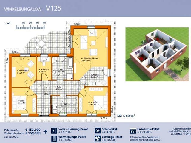 Massivhaus Winkelbungalow V125 von Virtus Massivhaus Schlüsselfertig ab 153900€, Bungalow Grundriss 1