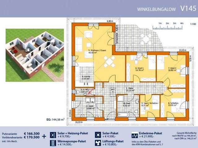 Massivhaus Winkelbungalow V145 von Virtus Massivhaus Schlüsselfertig ab 166500€, Bungalow Grundriss 1