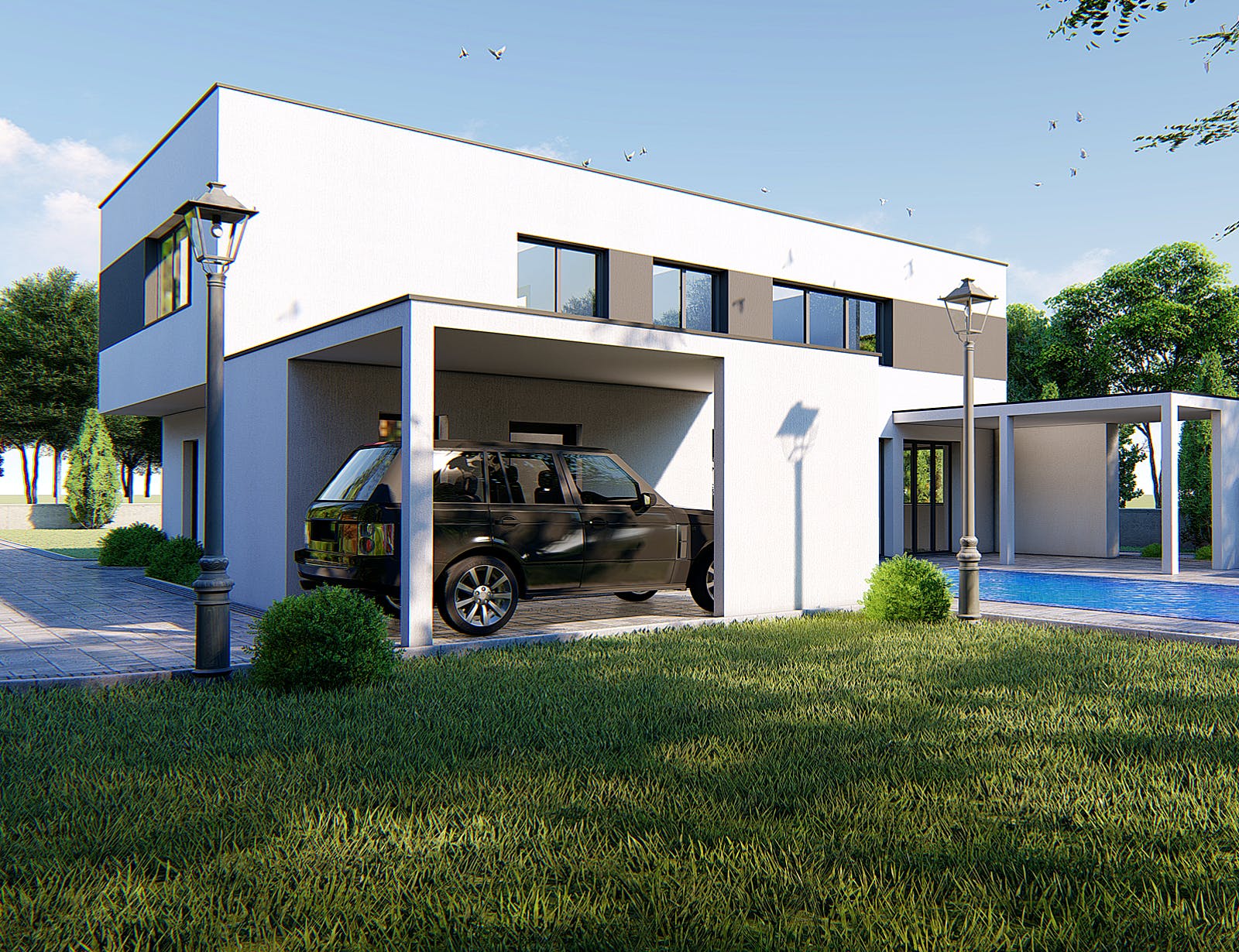 Massivhaus Designer Haus mit Außenlounge von Modern Immo, Cubushaus Außenansicht 1