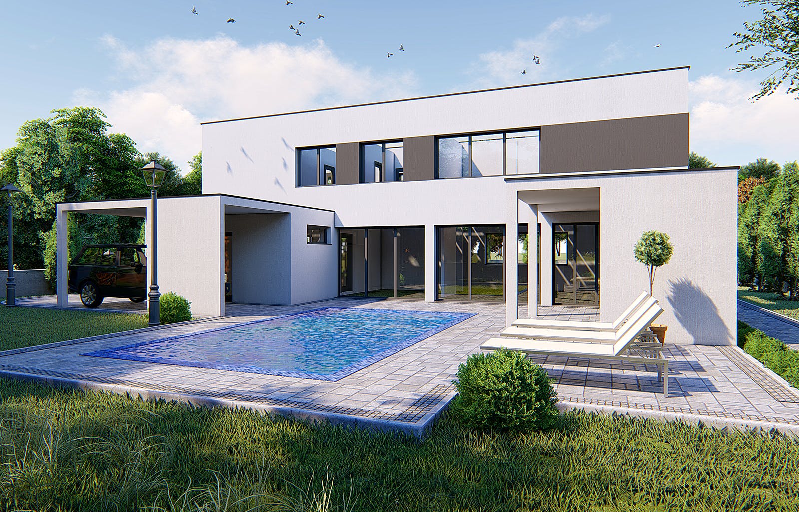 Massivhaus Designer Haus mit Außenlounge von Modern Immo, Cubushaus Außenansicht 2