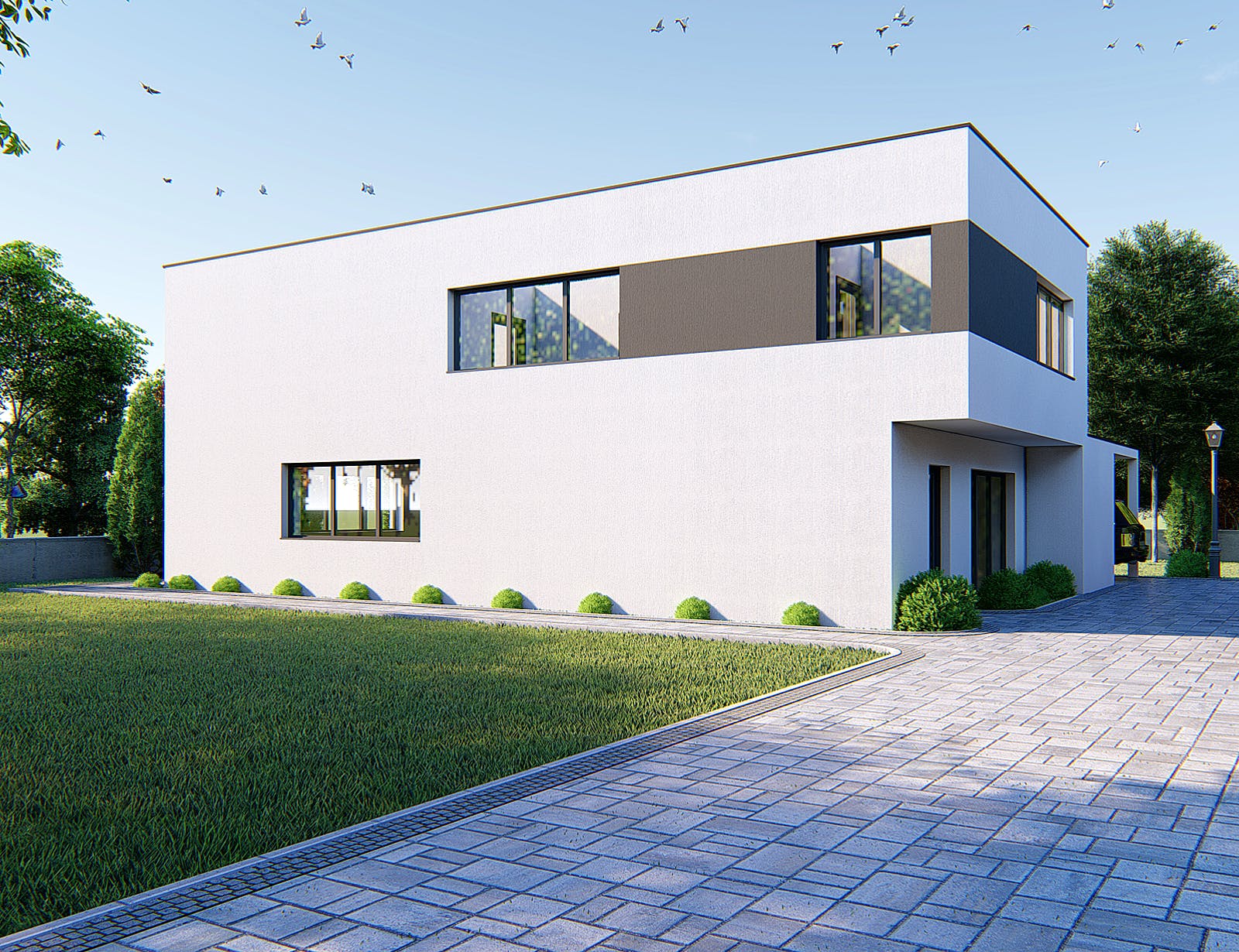 Massivhaus Designer Haus mit Außenlounge von Modern Immo, Cubushaus Außenansicht 3
