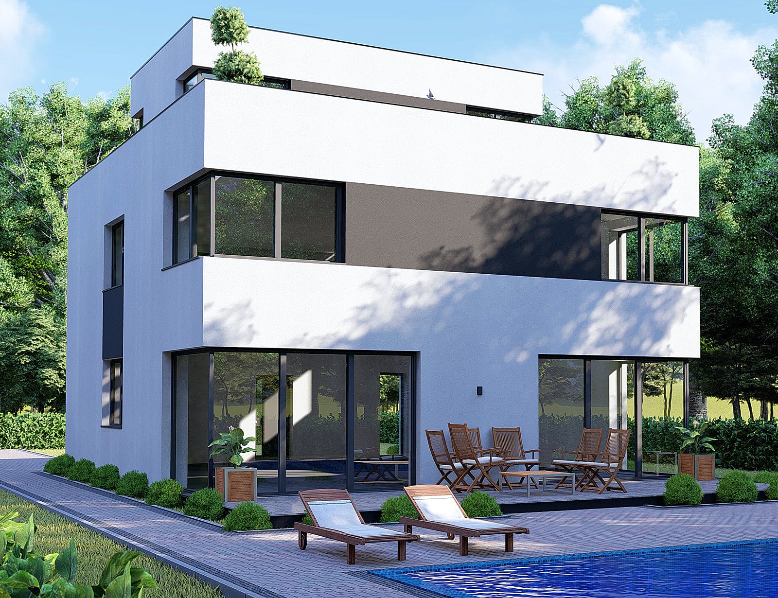 Massivhaus Modernes Bauhaus mit Dachterrasse von Modern Immo, Cubushaus Außenansicht 2