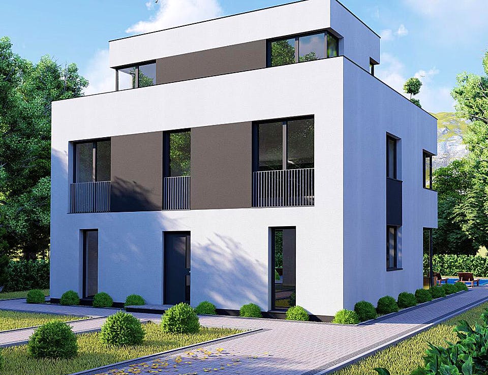 Massivhaus Modernes Bauhaus mit Dachterrasse von Modern Immo, Cubushaus Außenansicht 3