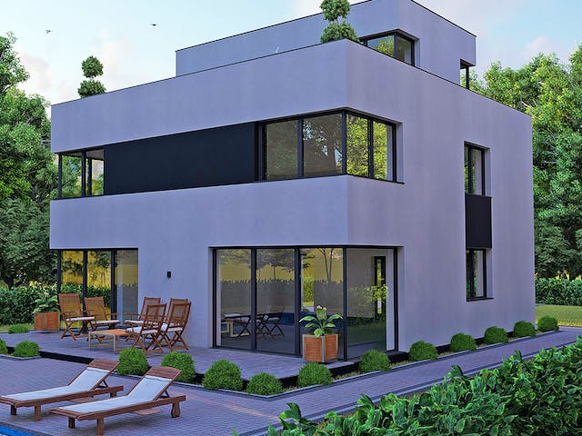 Massivhaus Modernes Bauhaus mit Dachterrasse von Modern Immo, Cubushaus Außenansicht 4