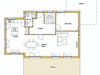 Blockhaus D162 Krastel von Frammelsberger R. Ingenieur-Holzbau, Satteldach-Klassiker Grundriss 1