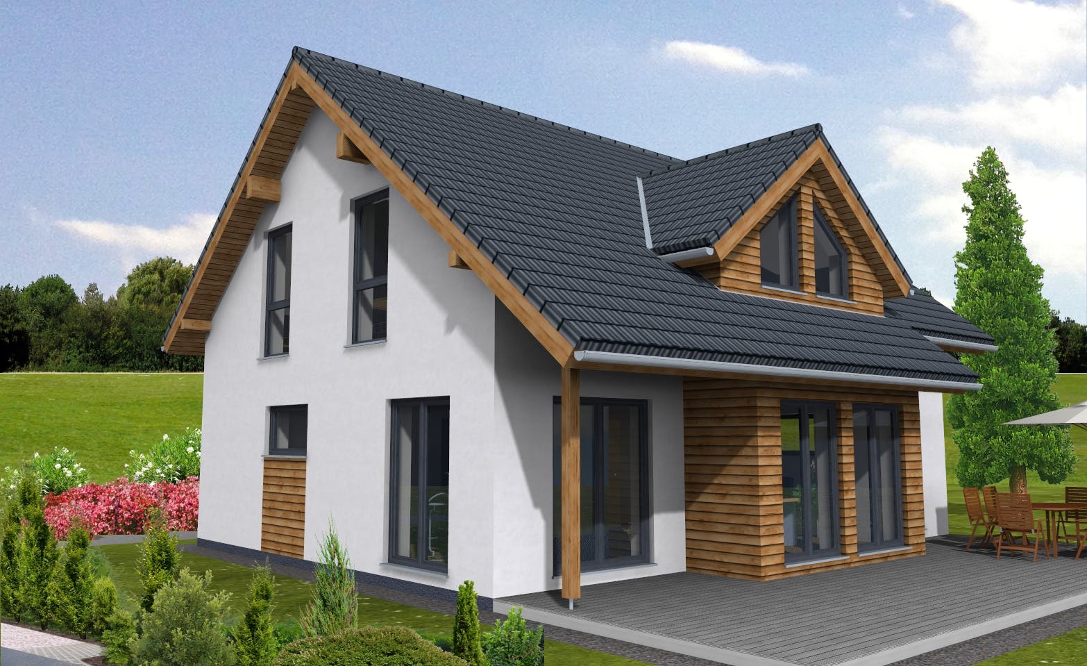 Fertighaus New Edition 159 von Suckfüll Energiesparhaus Schlüsselfertig ab 365600€, Satteldach-Klassiker Außenansicht 1
