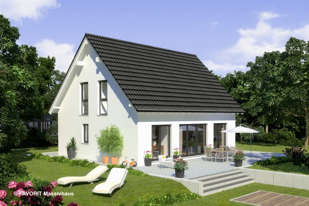 Massivhaus Noblesse 126 von Favorit Massivhaus Schlüsselfertig ab 307250€, Satteldach-Klassiker Außenansicht 1