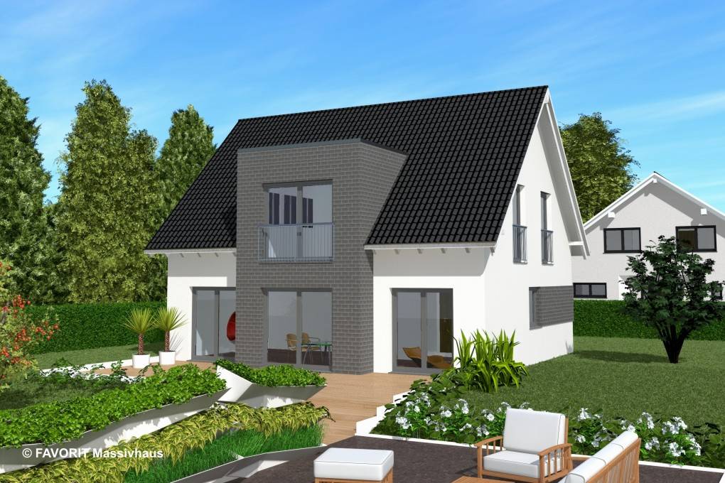 Massivhaus Noblesse 128 von Favorit Massivhaus Schlüsselfertig ab 335410€, Satteldach-Klassiker Außenansicht 1