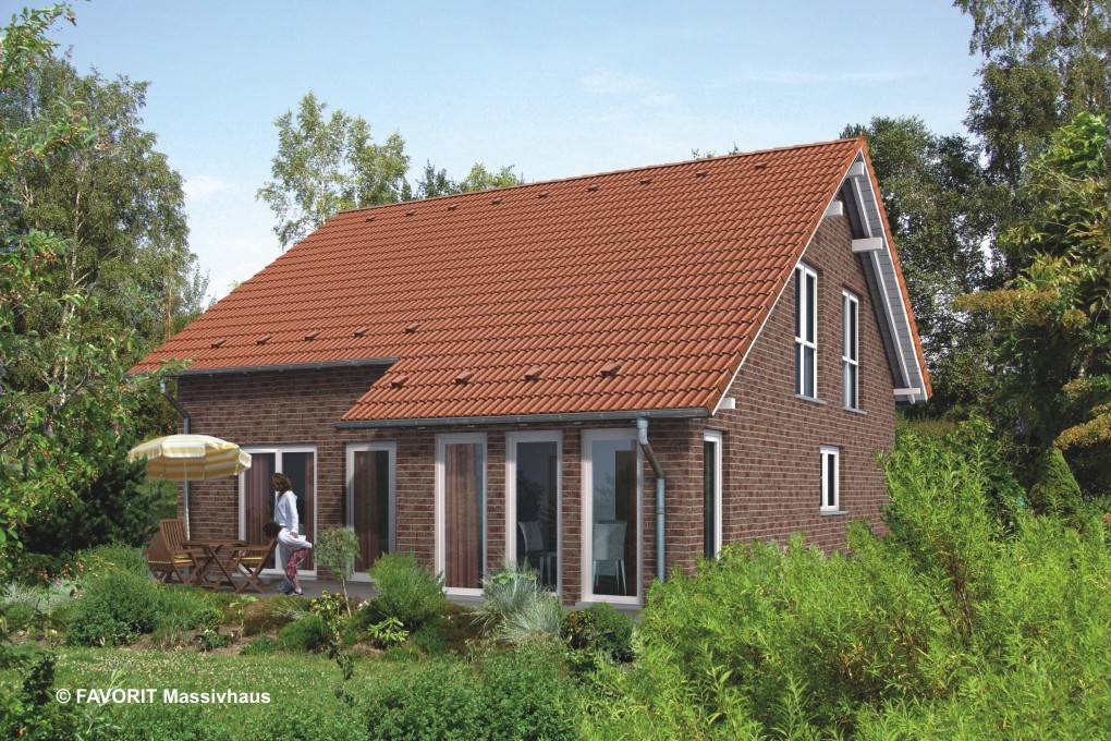 Massivhaus Noblesse 169 von Favorit Massivhaus Schlüsselfertig ab 383960€, Satteldach-Klassiker Außenansicht 1