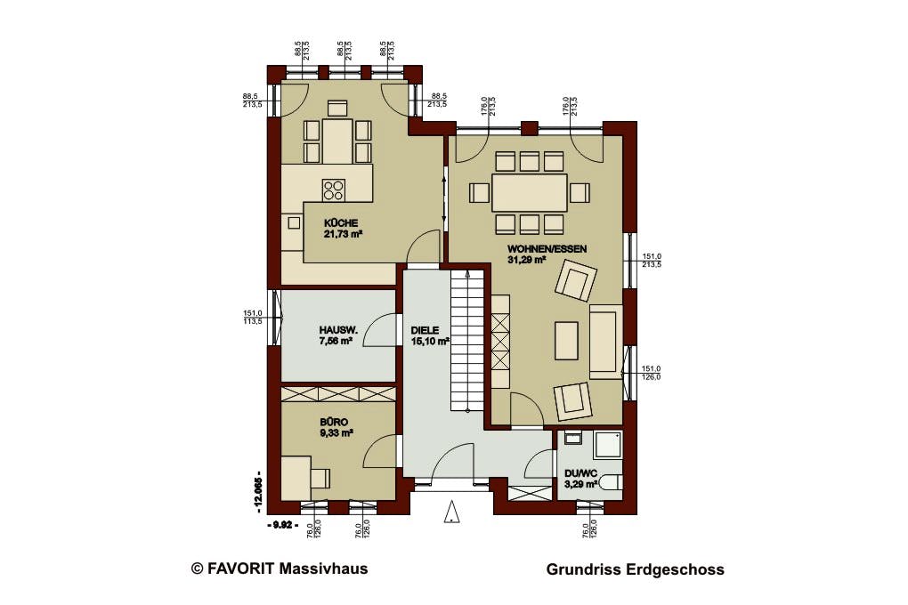 Massivhaus Noblesse 169 von Favorit Massivhaus Schlüsselfertig ab 383960€, Satteldach-Klassiker Grundriss 1