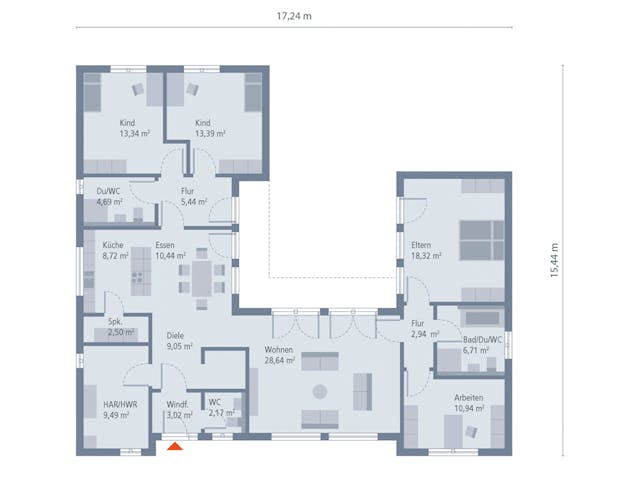 Fertighaus Bungalow 5 Flachdach von OKAL Haus Schlüsselfertig ab 553900€, Bungalow Grundriss 1