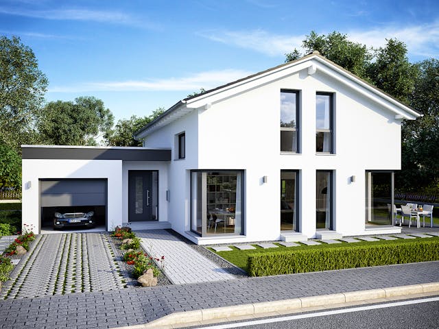 Fertighaus Musterhaus Mülheim-Kärlich von OKAL Haus Schlüsselfertig ab 519900€, Satteldach-Klassiker Außenansicht 1 Fertighaus Musterhaus Mülheim-Kärlich von OKAL Haus Schlüsselfertig ab 519900€, Satteldach-Klassiker Außenansicht 1