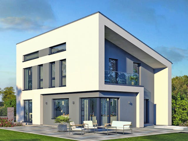 Fertighaus Pult 13 von OKAL Haus Schlüsselfertig ab 528900€, Pultdachhaus Außenansicht 1 Fertighaus Pult 13 von OKAL Haus Schlüsselfertig ab 528900€, Pultdachhaus Außenansicht 1