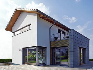 Fertighaus Einfamilienhaus mit Erker und großzügigem Balkon von petershaus, Satteldach-Klassiker Außenansicht 1