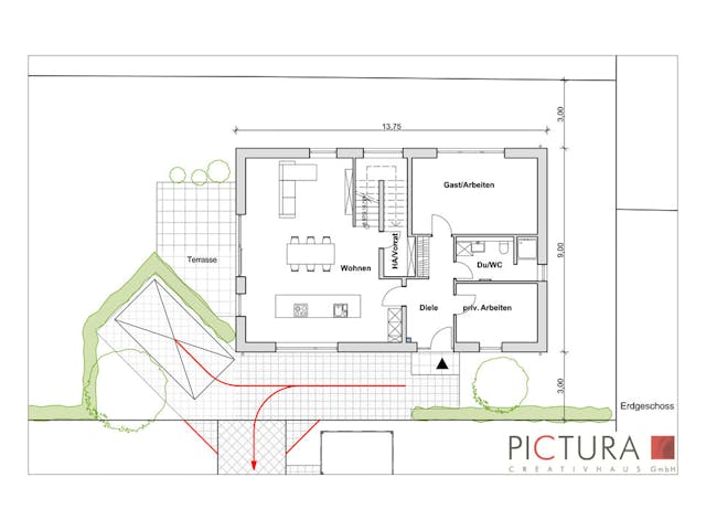 Massivhaus Einfamilienhaus Satteldach mit Gaube von PICTURA creativhaus Schlüsselfertig ab 480000€, Grundriss 1