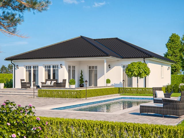 Fertighaus Clou 126 von RENSCH-HAUS Schlüsselfertig ab 337814€, Bungalow Außenansicht 1 Fertighaus Clou 126 von RENSCH-HAUS Schlüsselfertig ab 337814€, Bungalow Außenansicht 1