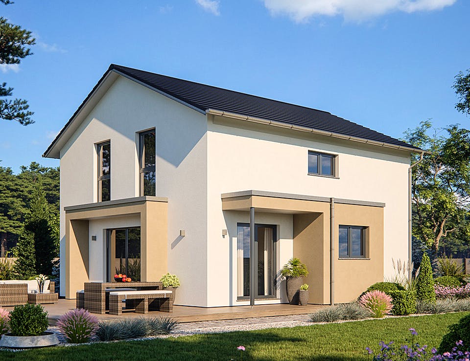 Fertighaus Life 134 von RENSCH-HAUS Schlüsselfertig ab 374668€, Satteldach-Klassiker Außenansicht 1