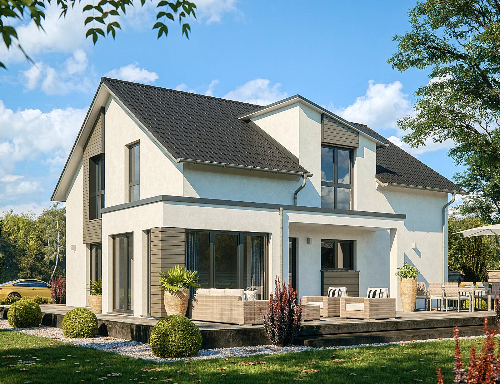 Fertighaus Life 158 von RENSCH-HAUS Schlüsselfertig ab 419488€, Satteldach-Klassiker Außenansicht 1
