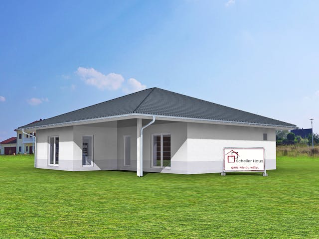 Fertighaus Aktionshaus Bungalow von Scheller-Haus Schlüsselfertig ab 313295€, Bungalow Außenansicht 1 Fertighaus Aktionshaus Bungalow von Scheller-Haus Schlüsselfertig ab 313295€, Bungalow Außenansicht 1