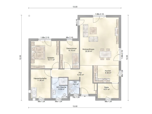 Fertighaus Aktionshaus Bungalow von Scheller-Haus Schlüsselfertig ab 313295€, Bungalow Grundriss 1