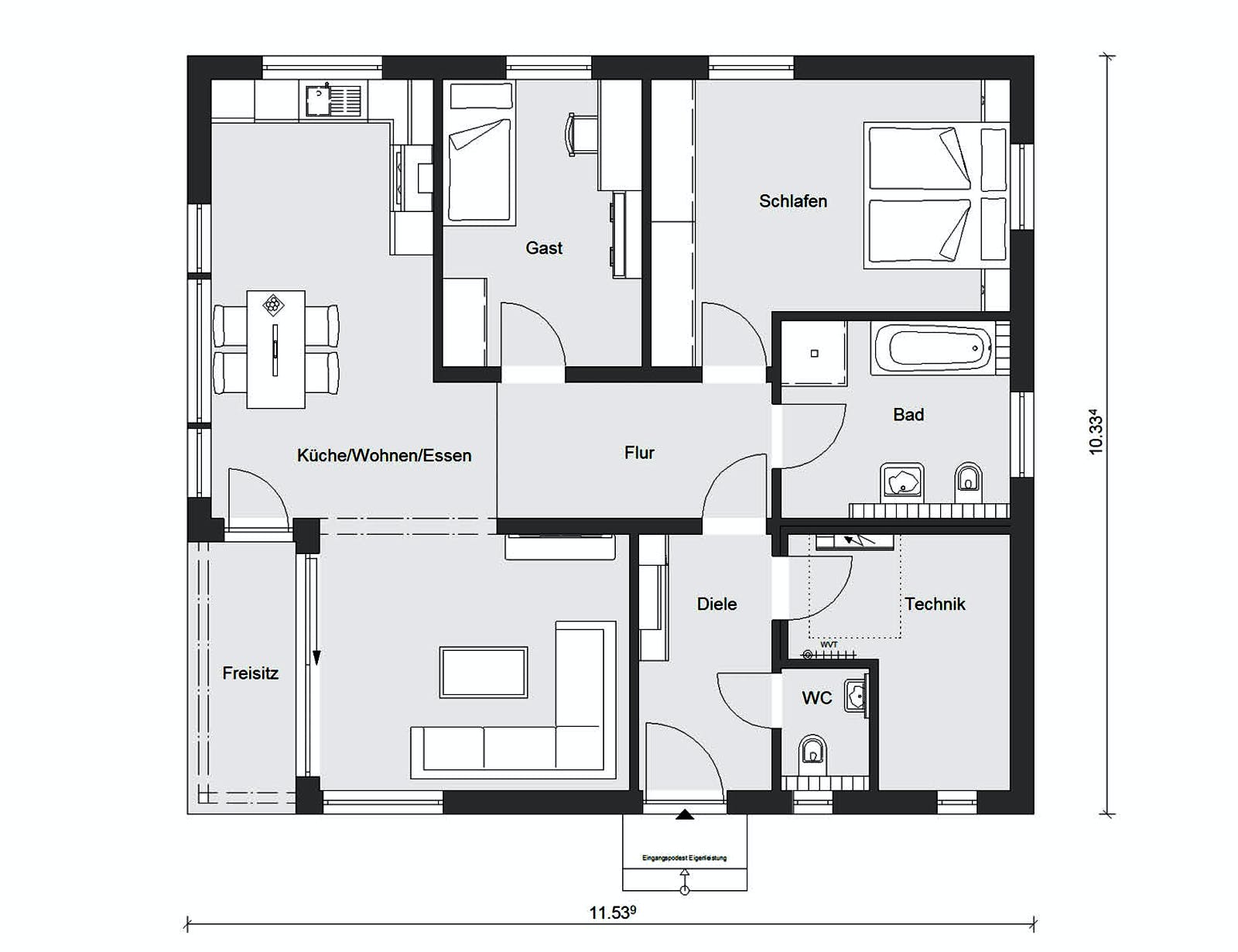 Fertighaus E 10-095.2 - Bungalow ebenerdig von SchwörerHaus Schlüsselfertig ab 317250€, Bungalow Grundriss 1