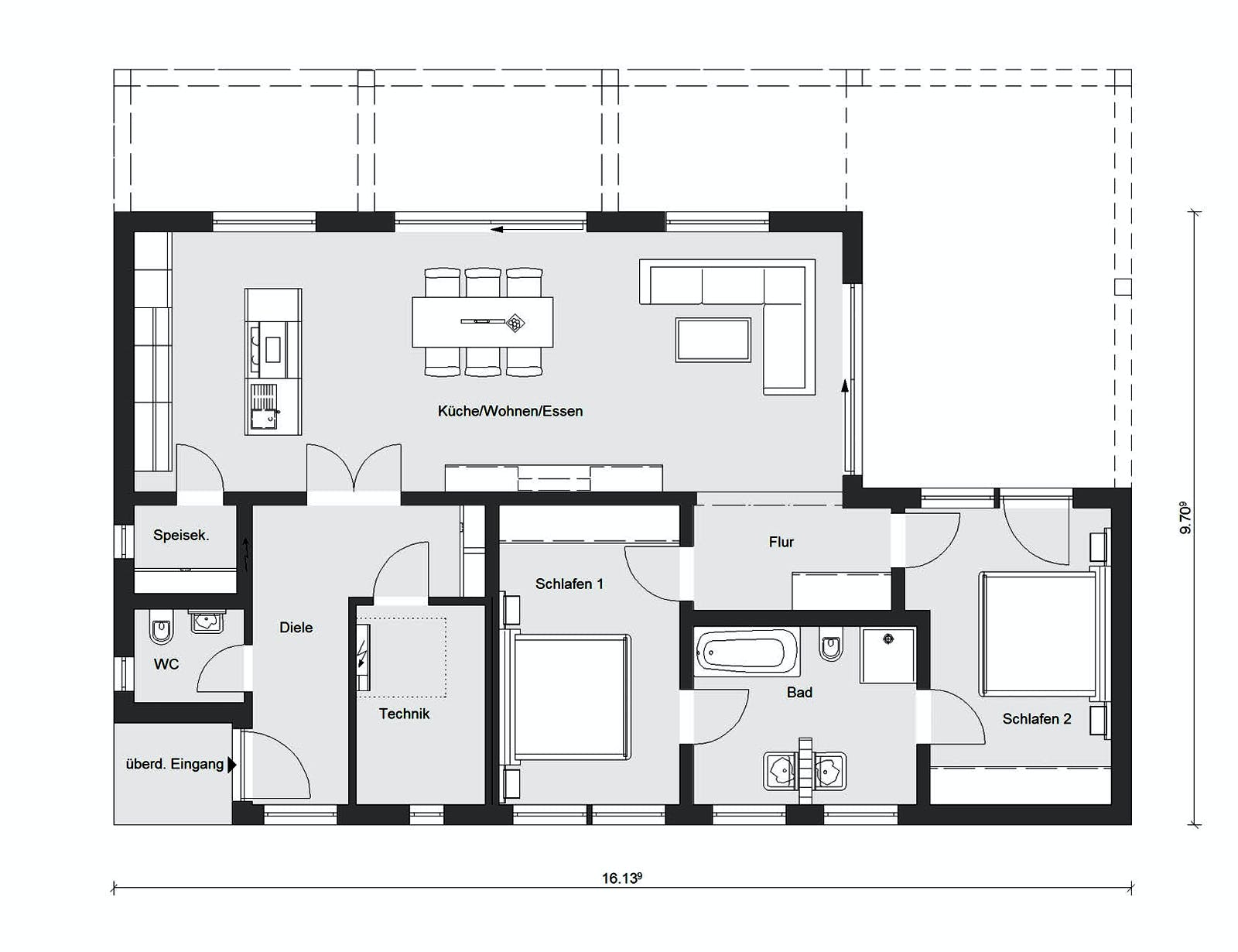 Fertighaus E 10-112.1 - Moderner Bungalow von SchwörerHaus Schlüsselfertig ab 416400€, Bungalow Grundriss 1