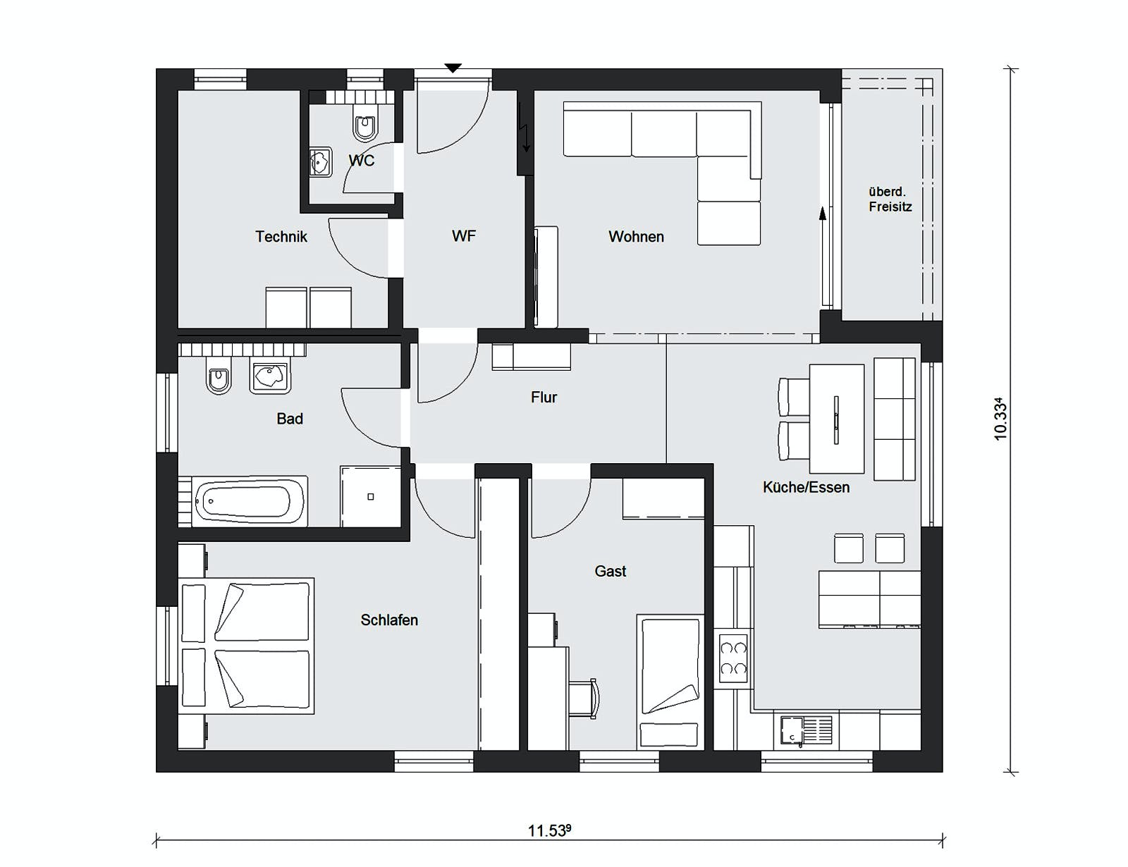 Fertighaus E 10-097.2 - Kompakter Bungalow von SchwörerHaus Schlüsselfertig ab 309250€, Bungalow Grundriss 1