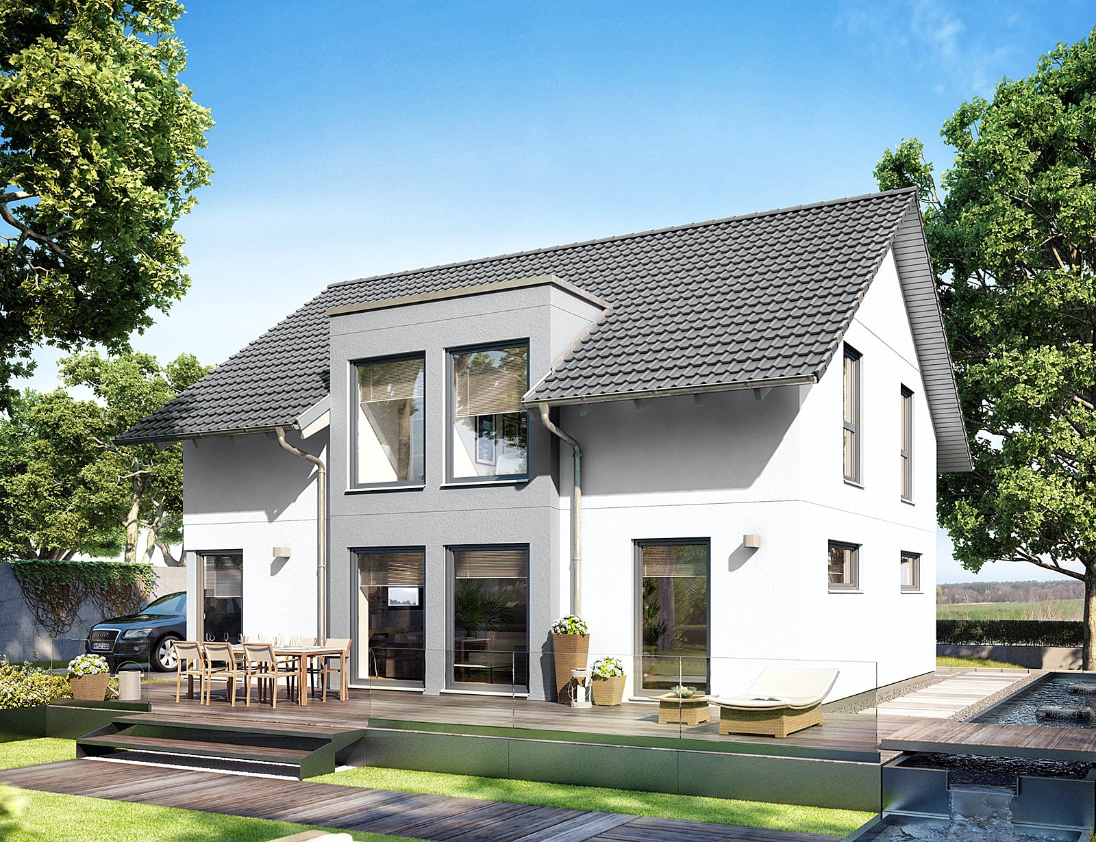 Fertighaus E 15-143.32 - Haus mit Flachdachgaube von SchwörerHaus Schlüsselfertig ab 343900€, Außenansicht 1